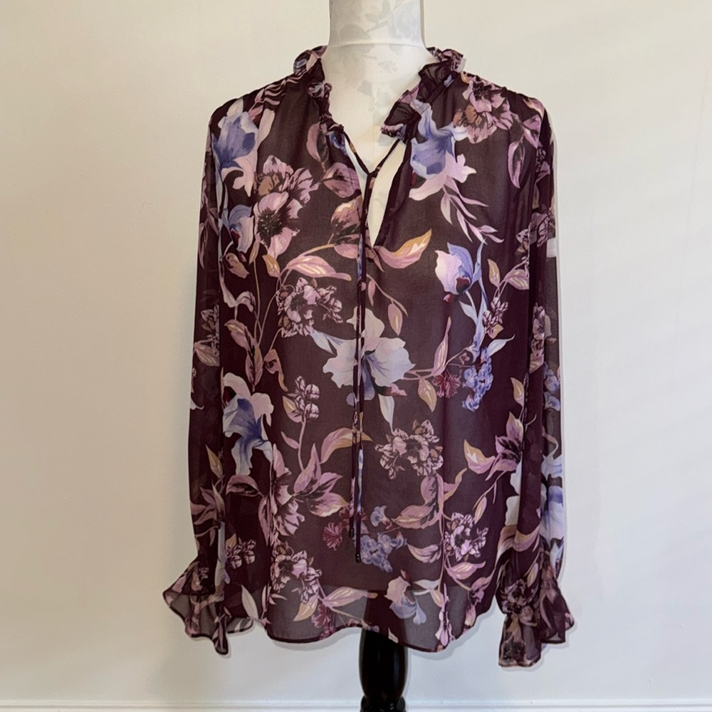 White House Black Market Long Sleeve Tie Neck Printed Blouse